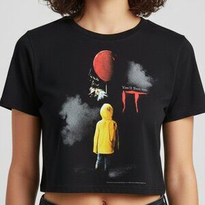 IT Movie Pennywise Graphic Crop Top Black "Youll Float Too" Horror Fan Shirt